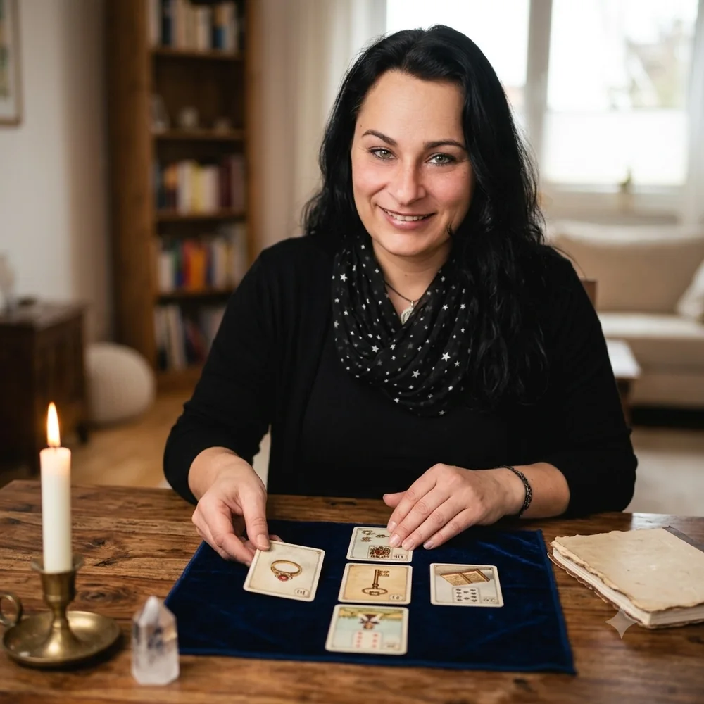Liane Teckentrup legt Lenormandkarten auf einem blauen Samttuch, daneben eine Kerze und ein Bergkristall.