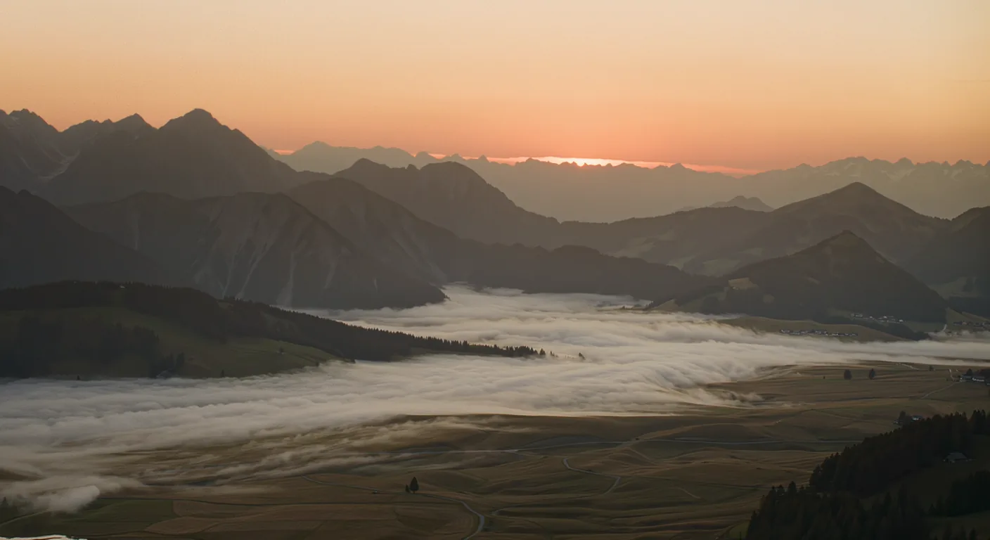 Weites Bergtal bei Sonnenaufgang, eine Nebelbank liegt über den Wiesen, dahinter gestaffelte Bergketten